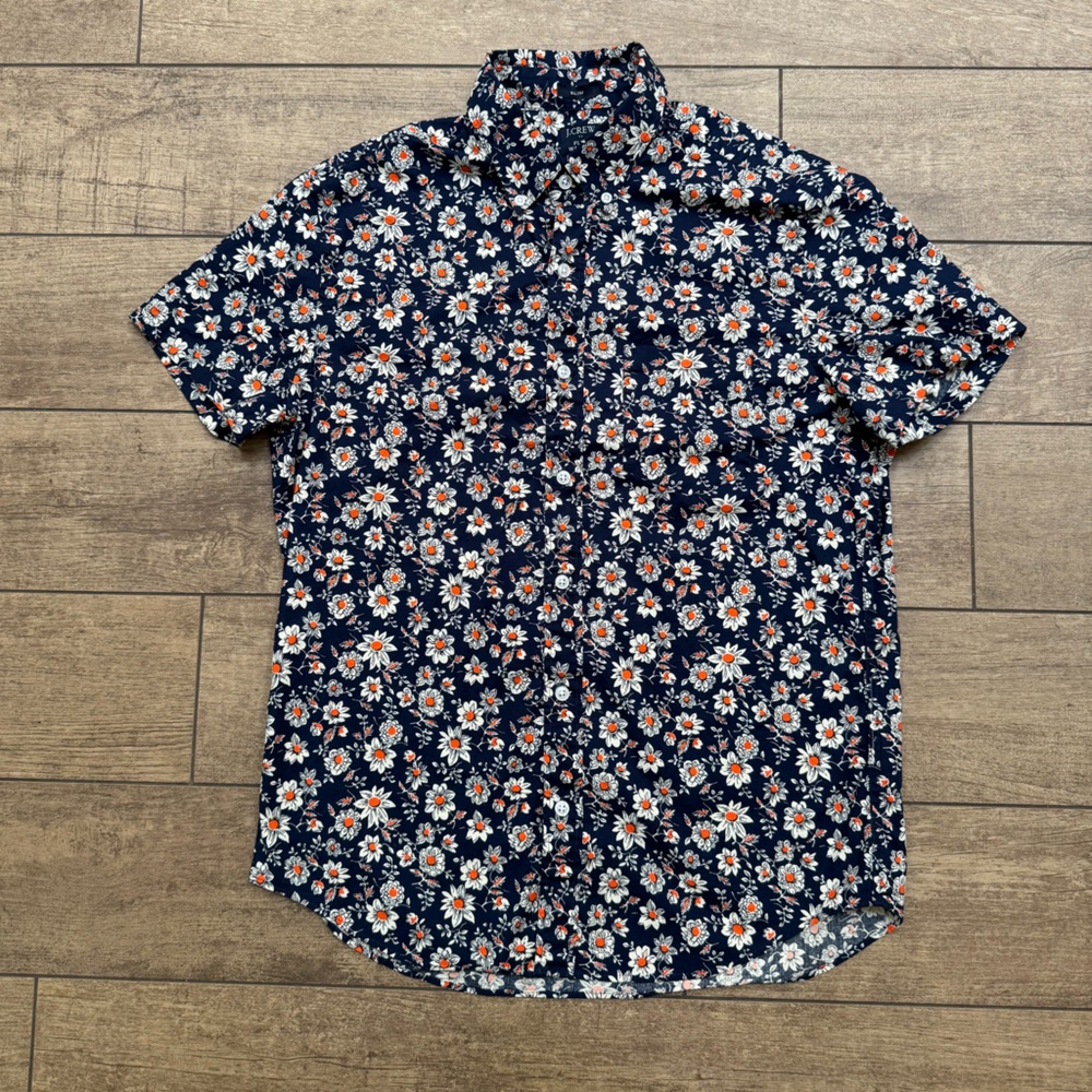 J. Crew Navy Blue/Orange Floral Short-sleeve Button-up (Slim M)